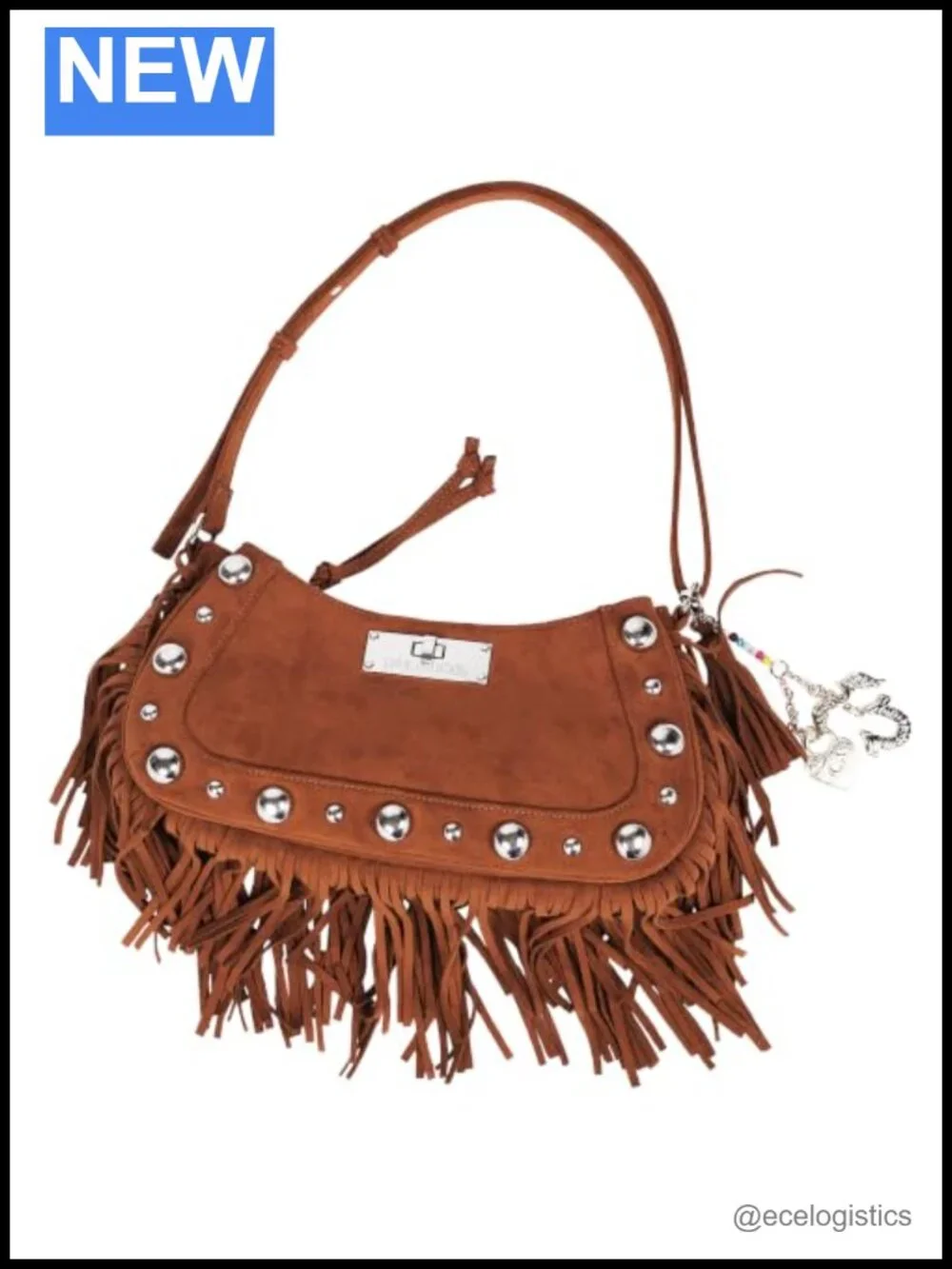 Faux Leather Fringe Hobo Bag with Studded Trim Adjustable Shoulder Purse